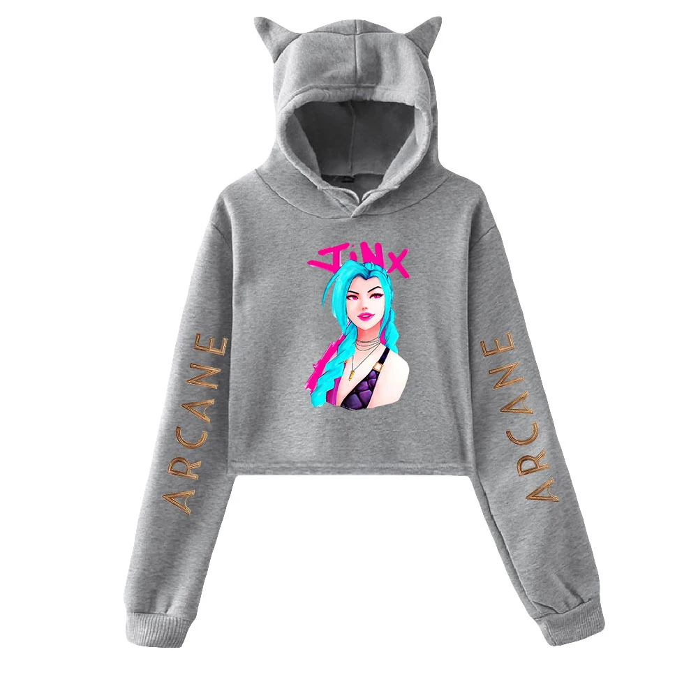 

Arcane Jinx Kawaii Cat Ear Cotton Hoodie Loose Hoody Short Sexy Hoodie Tops 2D Women-Clothes