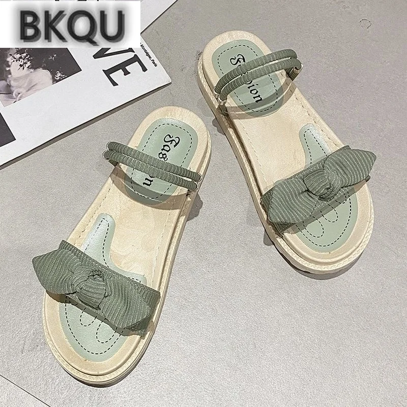 

2022 summer new women's shoes slippers sandals women's summer thick-soled Roman flat sandals bow decorative slippers