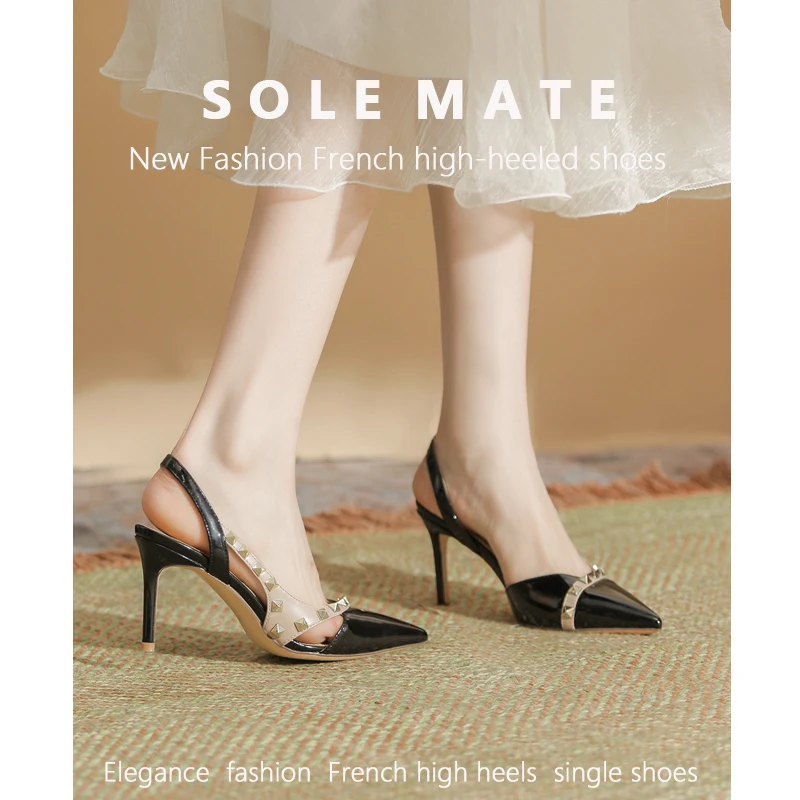 2023 SOLEMATE New Black Sheepskin Padded Riveted High Heels, Red Thin Heel Willow Studded Single Shoes, Hollow Sandals for Women