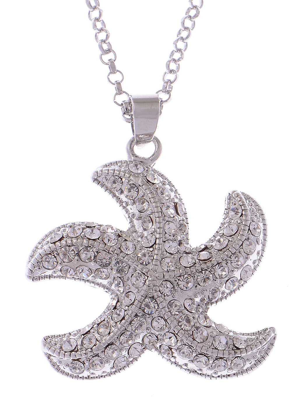 

Silvery Tone Shine Clear Crystal Rhinestones Star Fish Pendant Necklace