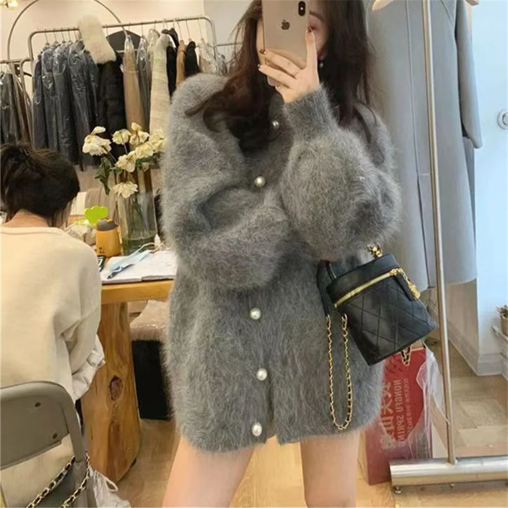 

Autumn Winter Women Jumpers Oversized Casual Pearls Single Breasted Jackets Warm Knitted Mink Cashmere Cardigans Sweater 2023