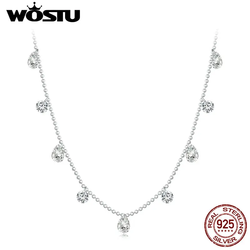 

WOSTU Wedding Party Stackable Bead Necklace 925 Sterling Silver Round & Water Drop AAA Clear Zircon Charm Lady Chocker Necklaces