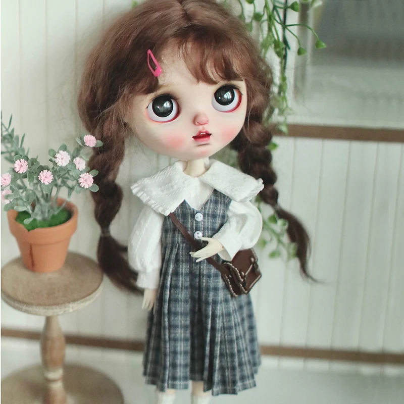 

New Handmade Blythe Clothes Fashion White Shirt Plaid Dress College Style Suit For Blyth OB24 Licca Azone 1/6 Doll Accessories