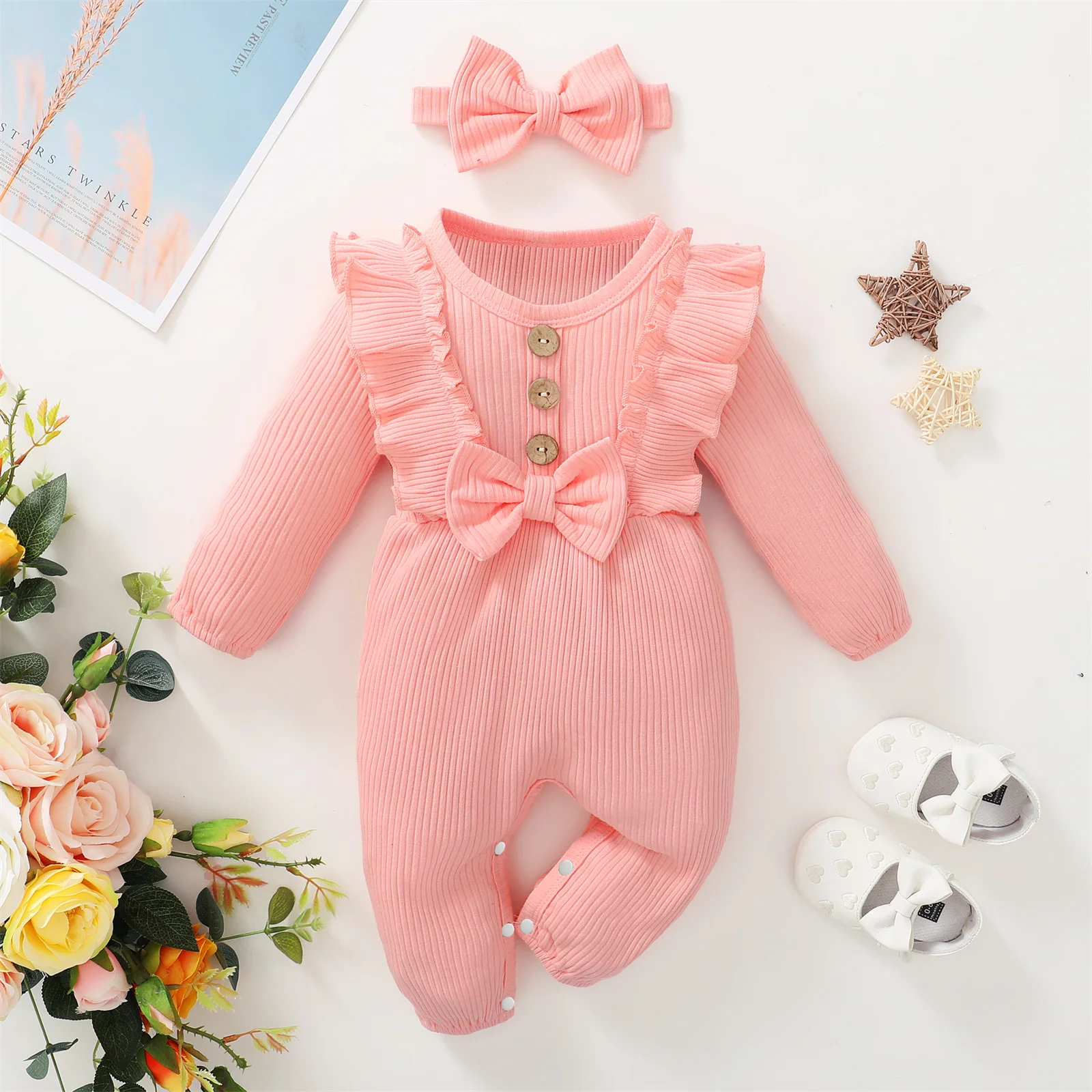 PatPat Baby Girl Clothes 2pcs Infant Newborn Romper Casual 95% Cotton Ribbed Long-sleeve Bowknot Button Jumpsuit Headband Set