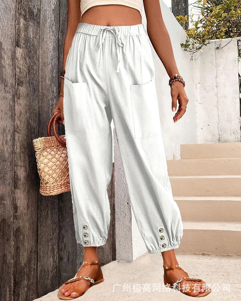 High Waist Drawstring Cuffed Pants Women Loose Spring Summer Solid Color Ankle Length Pants Trousers Pockets Elastic