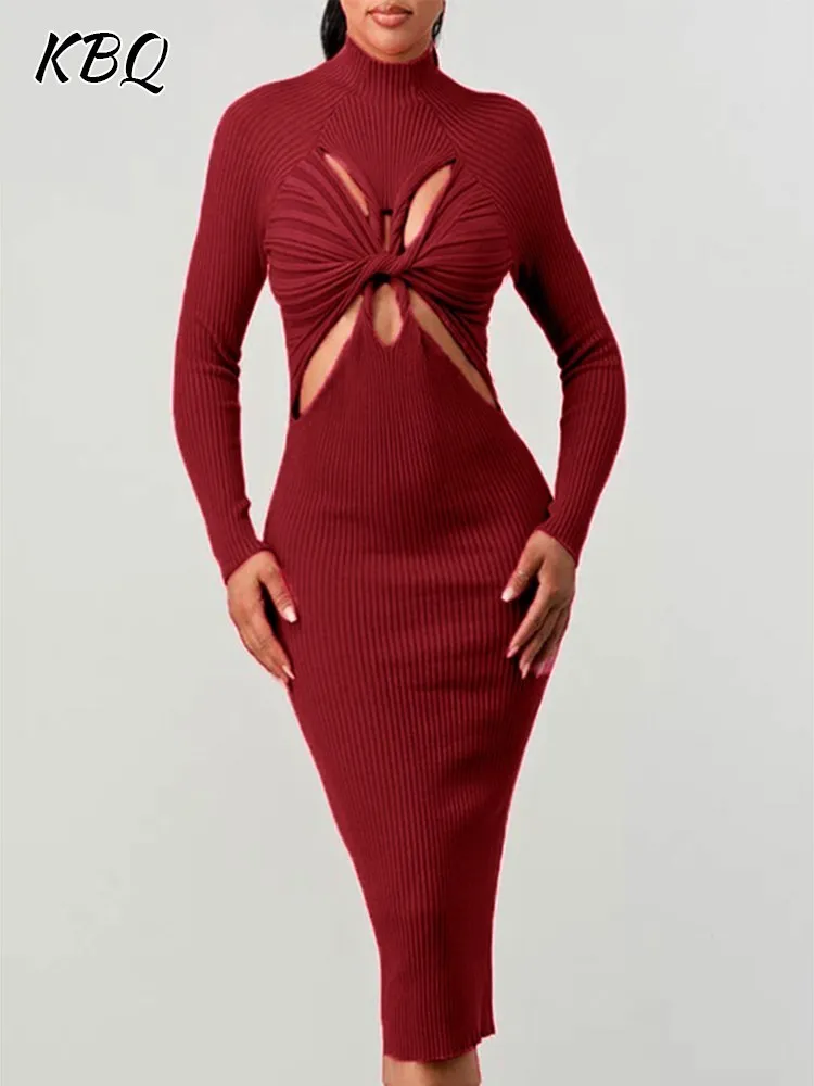 

KBQ Hollow Out Bodycon Dresses For Women Half High Collar Long Sleeve High Waist Slim Sexy Knitting Dress Female Fashion Autumn