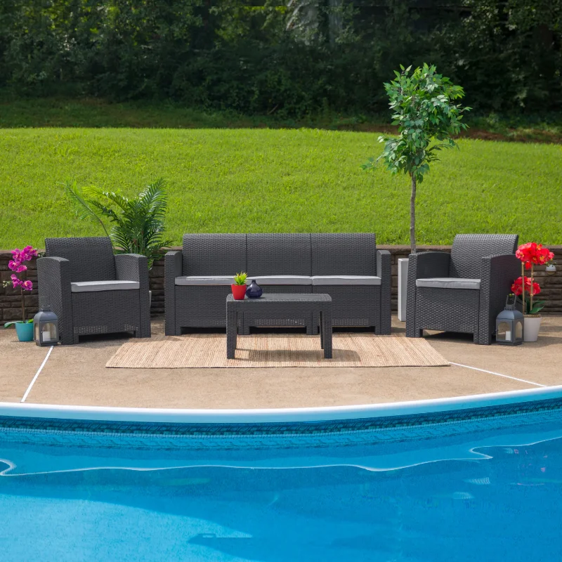 

Flash Furniture Dark Gray Faux Rattan Chair with All-Weather Light Gray Cushion