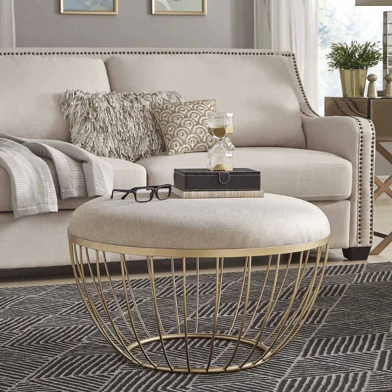 

Weston Home Harriette Fabric Upholstered Round Ottoman, Beige Linen