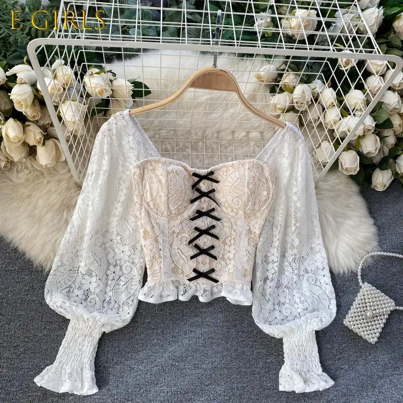 

E GIRLS Women's Sweet Bow Square Neck Short Tops Spring New Fashion Long Sleeve Lace Elegant Clothes Blouse