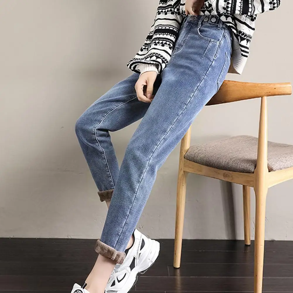 

Женские зимние Бархатные Джинсы, утепленные сохраняющие тепло, повседневные универсальные джинсы в стиле ретро с высокой талией, джинсы I7F0