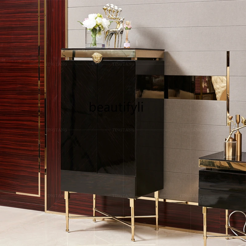 

yj Light Luxury Wine Cabinet Post-Modern Simple Style Small Side Cabinet Stainless Steel Black Corner Cabinet Decorative Cabinet