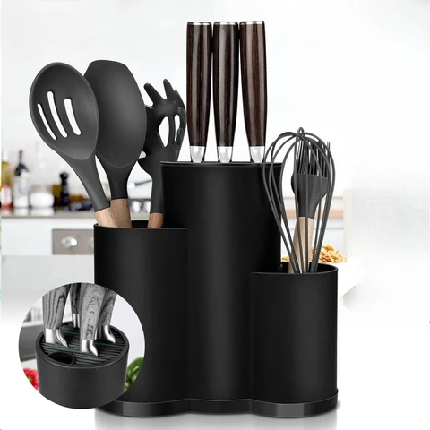 2/3-в-1 пластиковый безопасный универсальный держатель для ножей с сушильником, ящик для хранения, ложка, вилка, держатель для посуды, кухонный органайзер, стойка