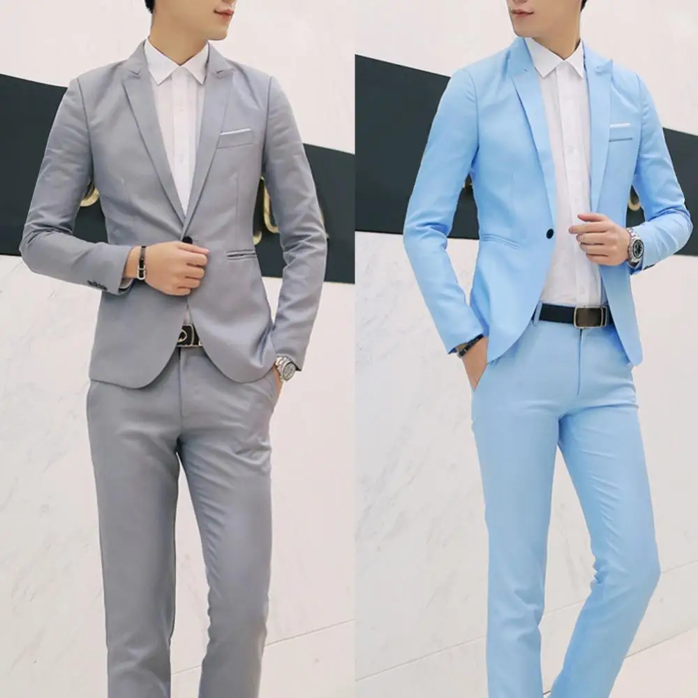 

Hot 2Pcs Fashion Men Solid Color Lapel Button Long Sleeve Slim Blazer Suit Pants