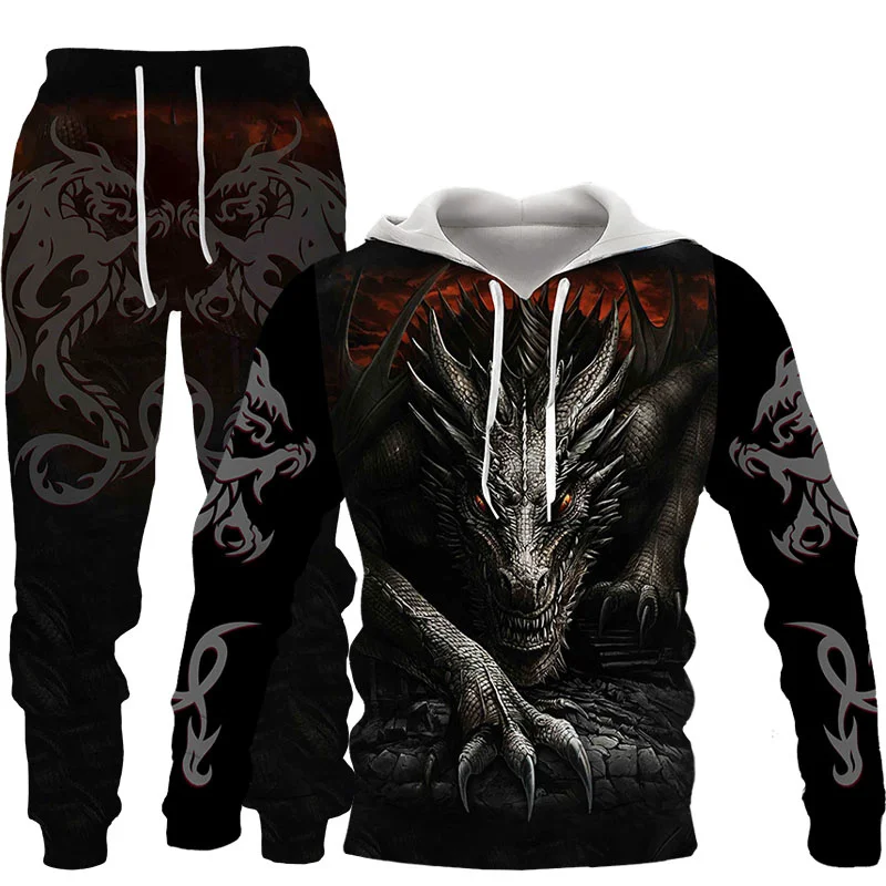 3d dragon print men's fashion hoodie + sports pants two-piece loose casual sportswear pullover spring and autumn men's suit