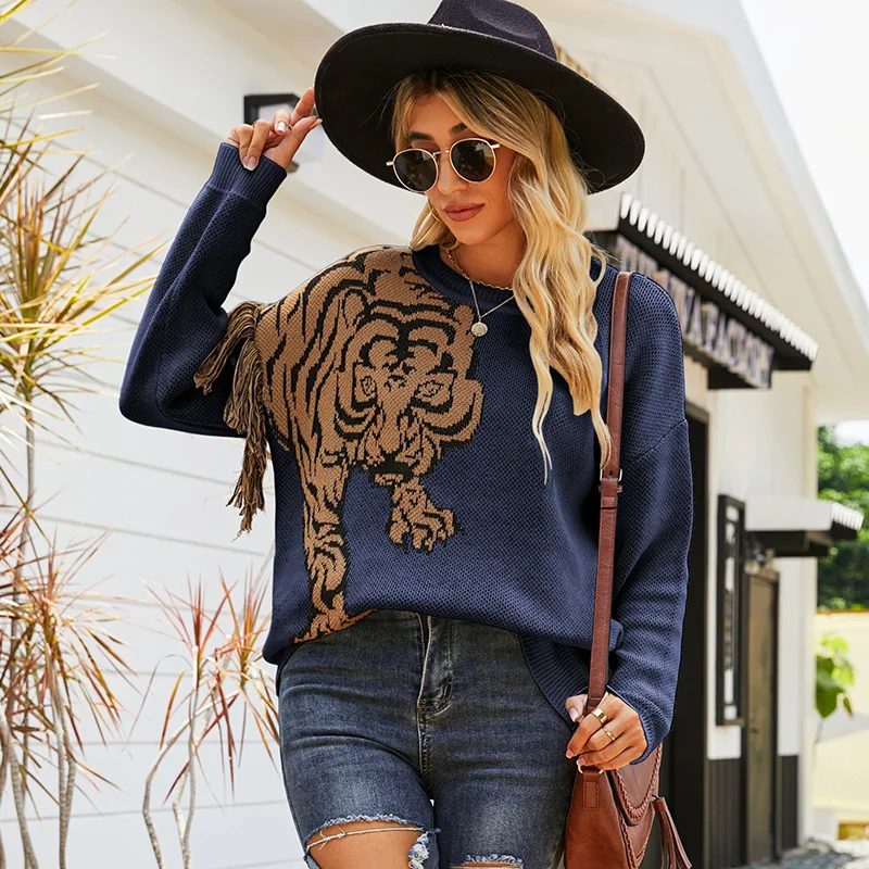 

Tiger Sweater Women With Tassel Autumn Winter Stylish Clothes 2022 Ladies Casual Streetwear Loose Fit Female Knitted Wear S-XL