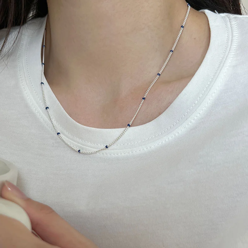 

Sterling S925 Silver Klein Blue Bean Chain Necklace for Women's Clavicle with Small Design Nude Versatile N1213A