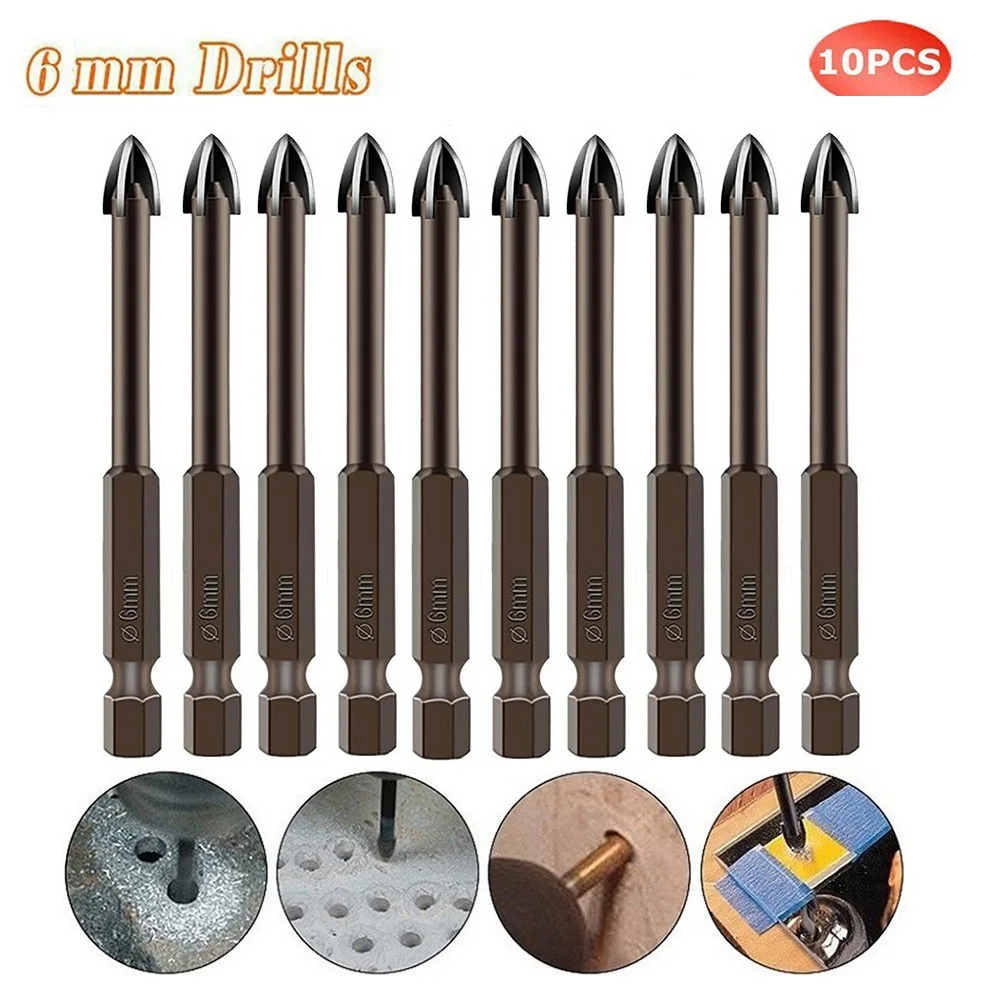 

10pcs 6mm Drill Bits Tile Porcelain Drill Bit Marble Ceramic Glass Brick Hex Shank Spear Head Tungsten Carbide Power Tools