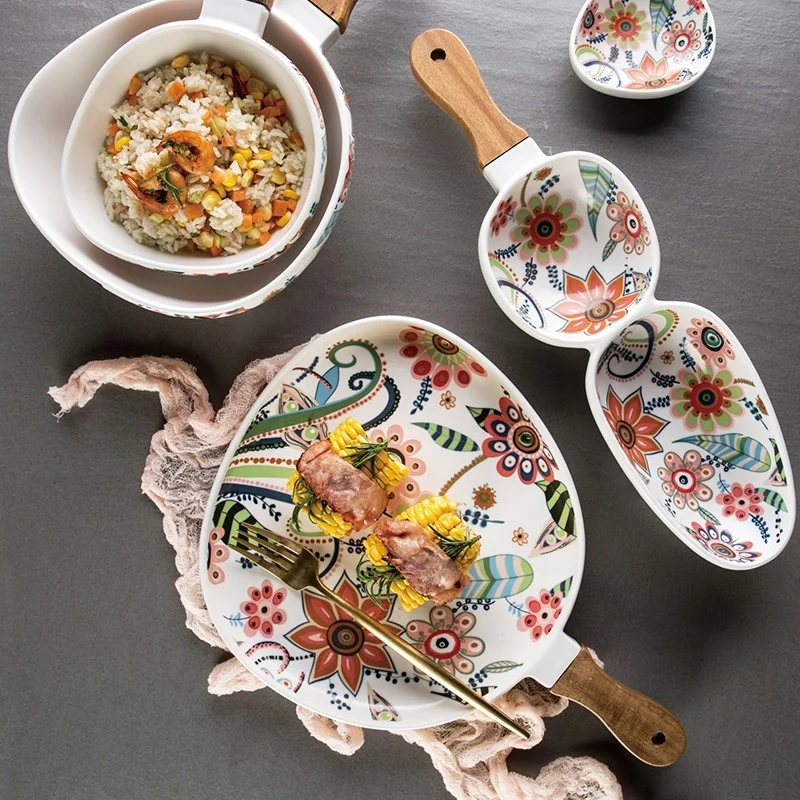 

Посуда в скандинавском стиле, матовая глазурованная керамическая посуда для отеля, семейство с деревянной ручкой, миска для риса, миска для ...