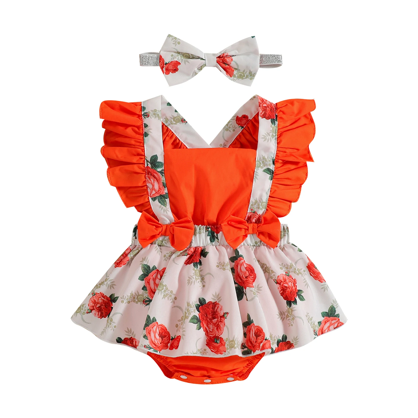 

Infant Baby Girl Romper Printed Splicing Sling Dress Appearance Flying Sleeve Square Neck Romper + Headband