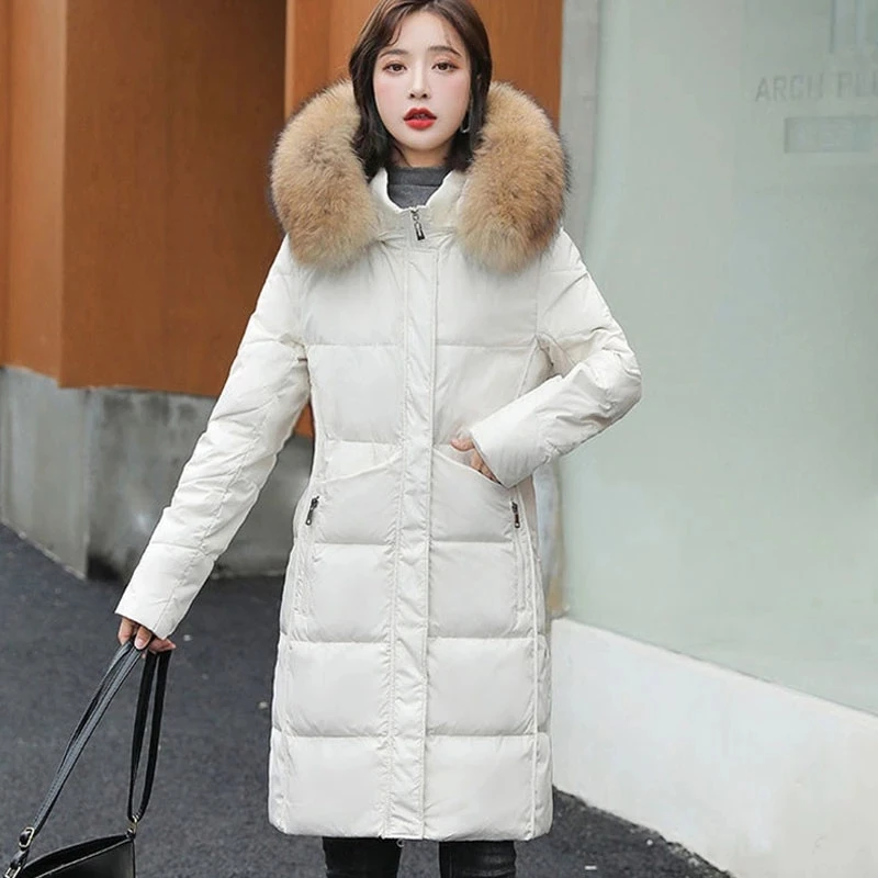 2022 New Women's Jacket Parka Winter Jacket Fur Collar Hooded Down Cotton Parkas Overcoat Thick Slim Long Coat Outerwear