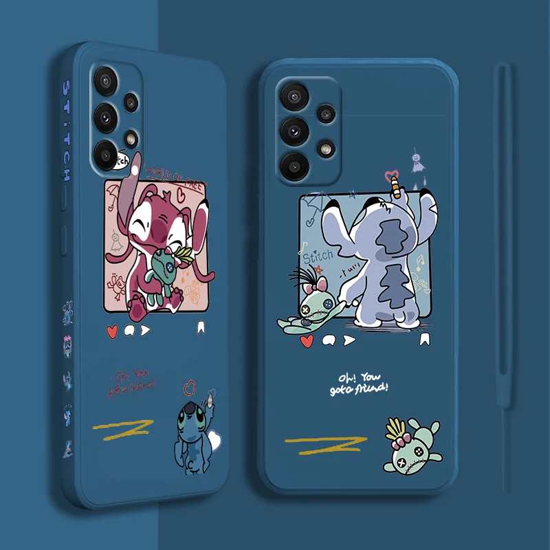 

Cartoon Lilo & Stitch Liquid Left Rope Phone Case For Samsung A22 A21S A20S A13 A12 A11 A10S A03S A02 A01 Core Funda Back Cover