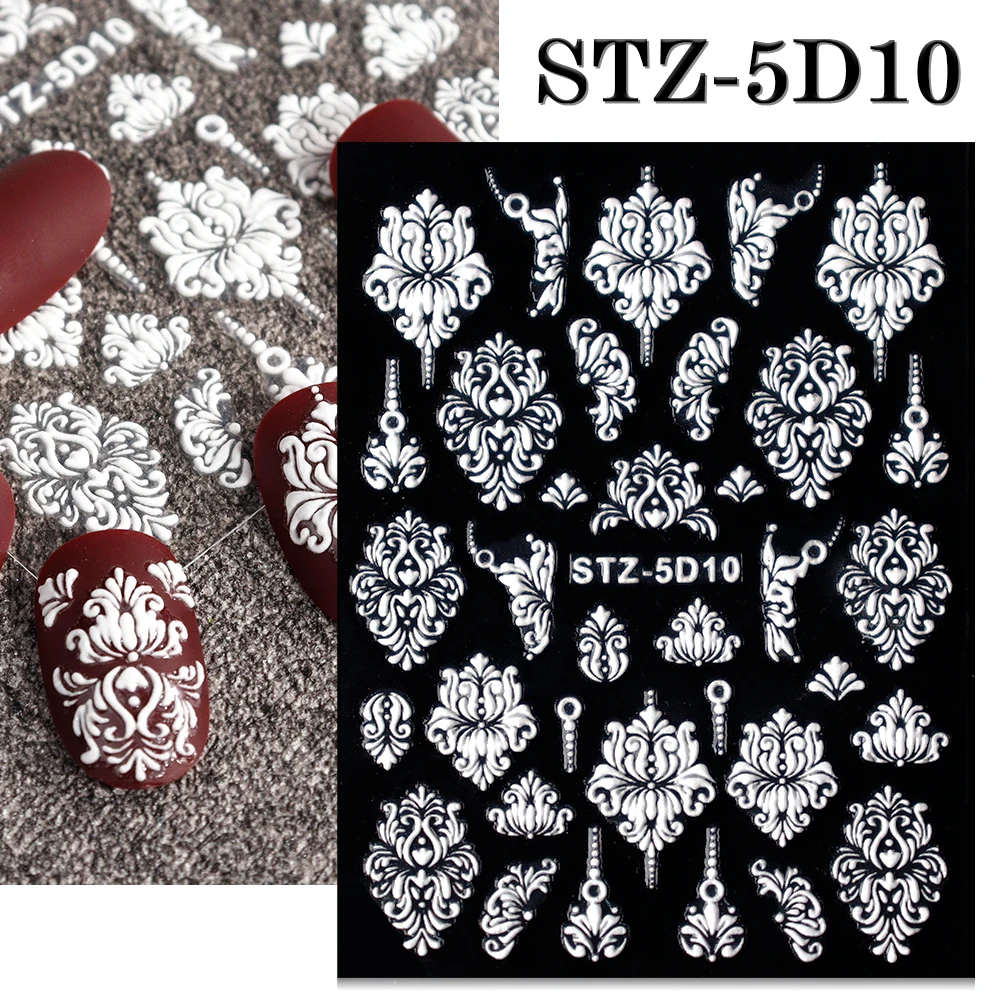 

5D Acrylic Flowers Nail Stickers Manicure Decals White Lace Wedding Design Simple Embossed Sliders DIY Nails Accesories STZ-20