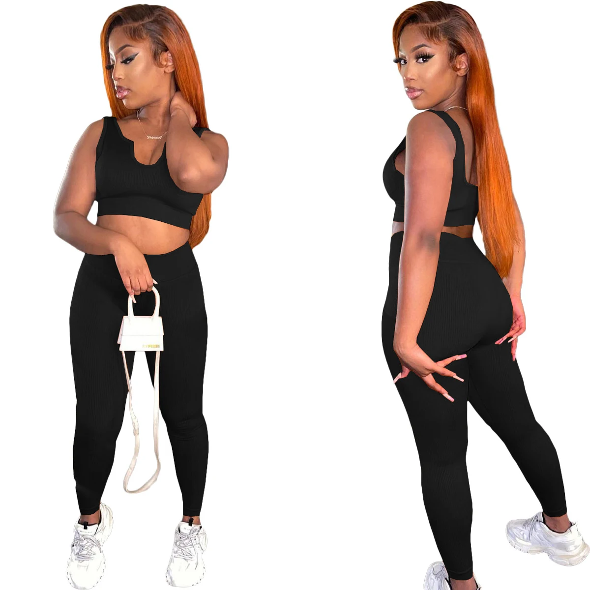 

Women Fitness Ribbed Tracksuit Sporty Solid V Neck Vest Knited Tank Top Leggings Pants Summer Outfit Yoga Two Piece Set Joggers