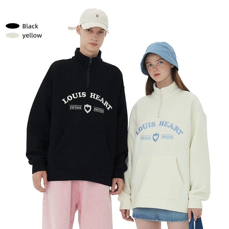 

Japanese Style Casual Couple Jacket Autumn Loose Sweatshirts Outerwear Men and Women's Stand Collar Half Ziper Waffle Hoodies