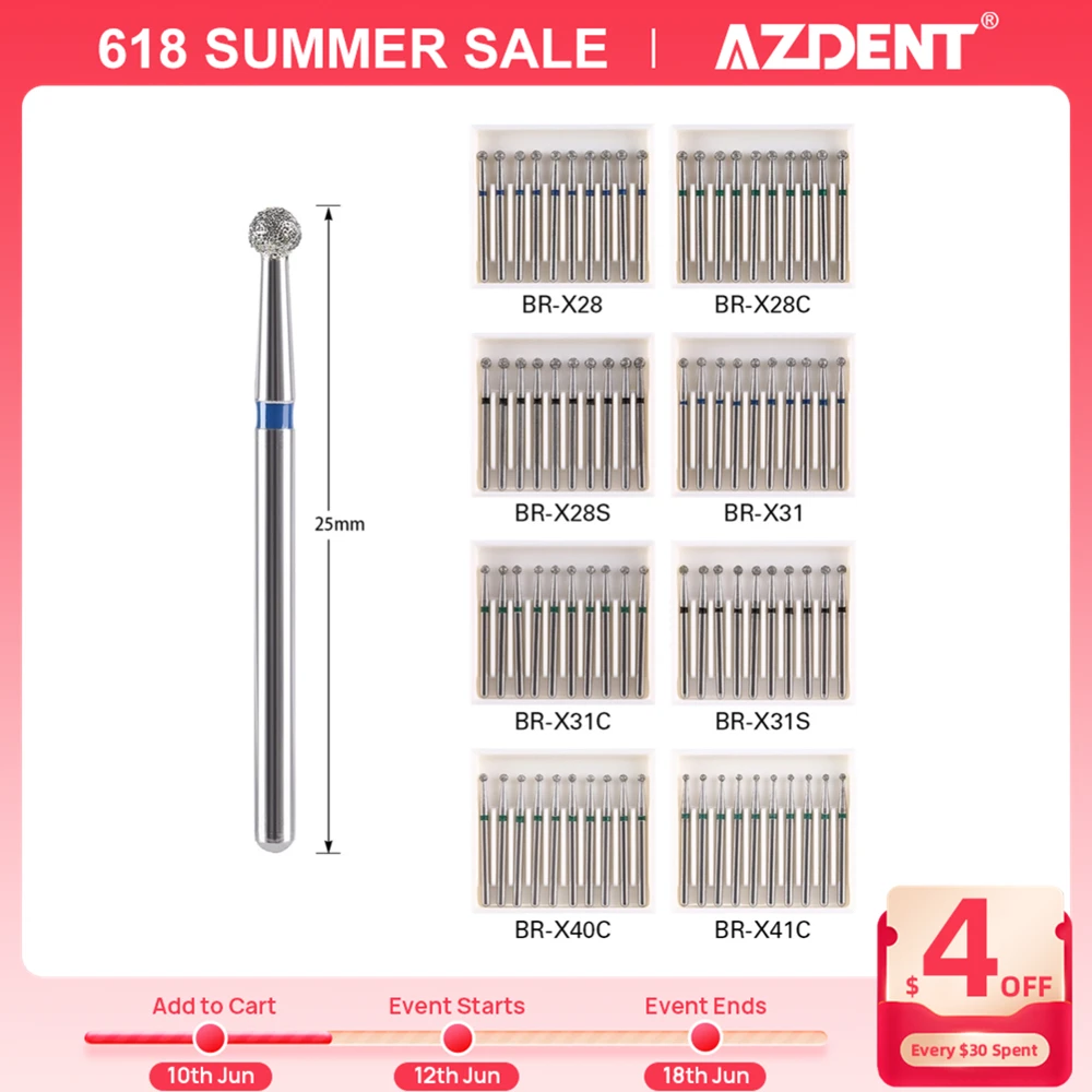 

AZDENT 10Pcs/pack Dental Diamond Bur Ball Round Stainless Steel Bur 25mm FG 1.6mm for High Speed Handpiece 450000r/min