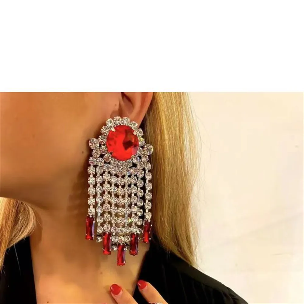 

Vintage Red Crystal Big Round Stone Long Tassel Drop Earrings Dinner Jewelry for Women Rhinestone Geometric Dangle Earrings