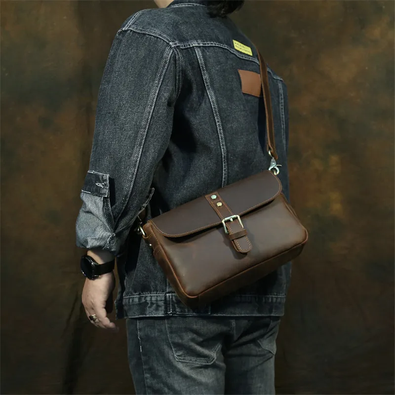 Fashion retro high-quality crazy horse cowhide men's coffee shoulder bag outdoor daily work real leather square messenger bag