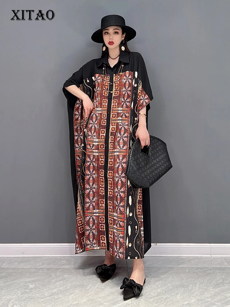 

XITAO Single Breasted Print Dress Women Korea 2022 Summer New Arrival Personality Fashion Loose Short Sleeve Dress WMD5634