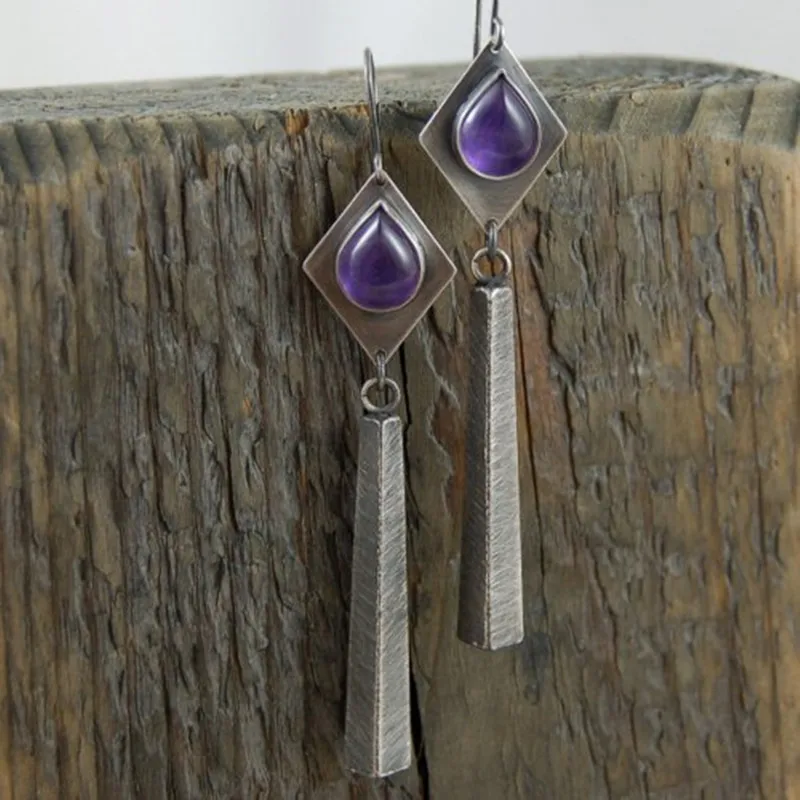 

Vintage Extra Long Metal Hand Inlaid Water Drop Purple Stone Earrings Hanging Metal Women Personality Boho Jewelry Earrings