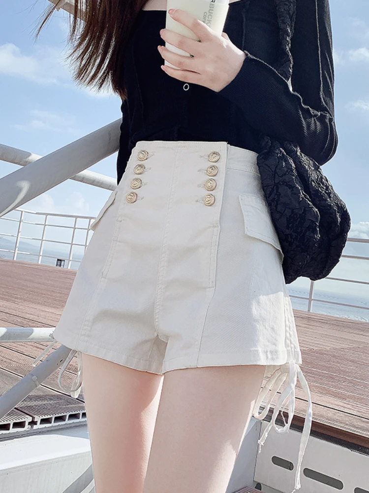 

LY VAREY LIN New Summer High Waist Denim Shorts Women Fashion Double Breasted Drawstring Shorts Lady Casual Wide Leg Shorts