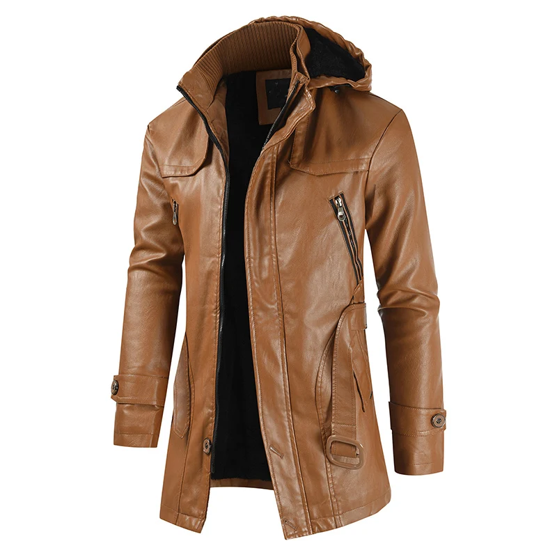 

New Men's Casual Fashion Leather Clothes PU Leather Hooded Slim Fit Young Men's Leather Clothes