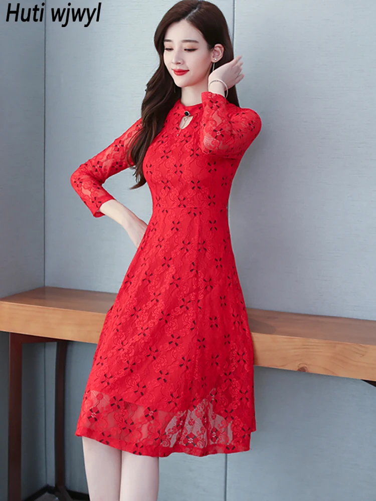 

Autumn Winter Red Lace Hollow Out Sexy Club Midi Dress Women Chic Prom Casual Black Dress 2022 Elegant Bodycon Party Night Dress