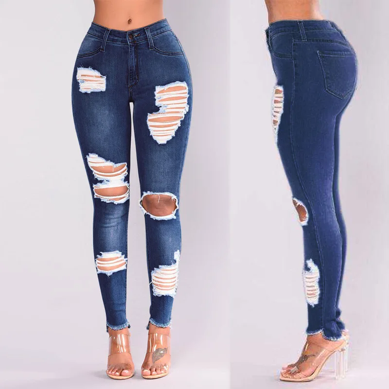 

European and American Women's Jeans Stretch Cotton Holes Boyfriend Pencil Feet Pants High Waisted Jeans Vintage Streetwear