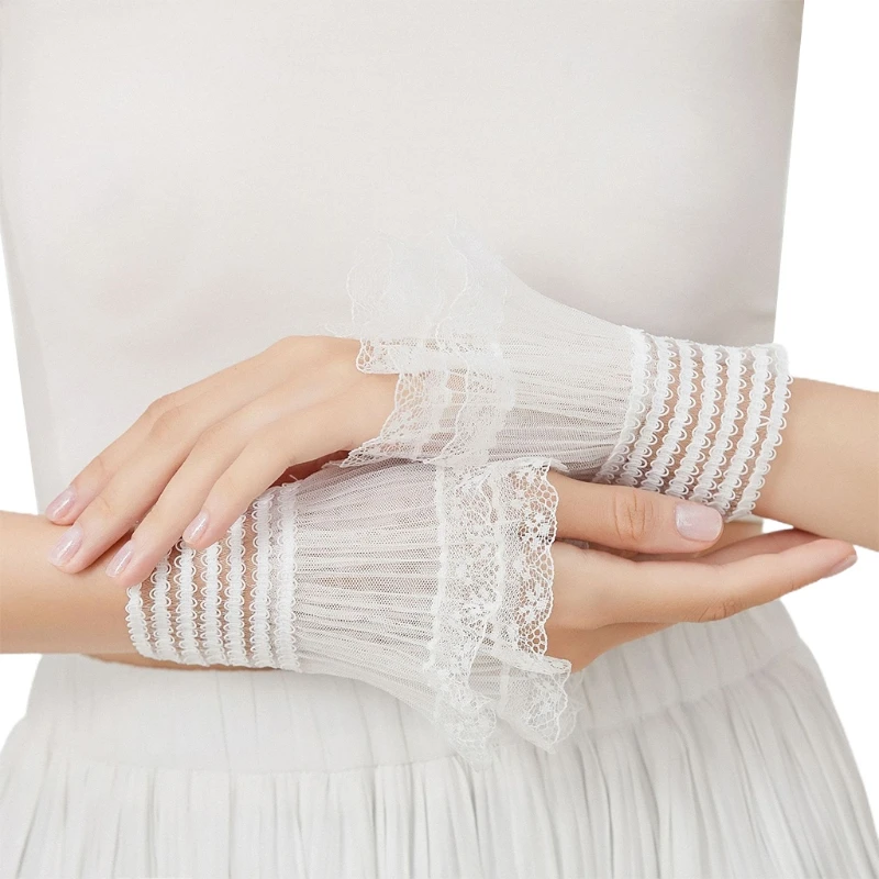 

F42F Women Detachable Arm Sleeves Pleated Cuff Mesh Lace Wrist Cuff Elastic Horn Cuffs Layered Lace Shirt Decorated Gloves