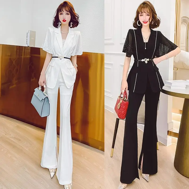 

Women 2 Pieces Set 2023 New Spring Summer Korean Style Fashion Short Sleeve Shirt + High Waist Flare Pant Suit Tops D25