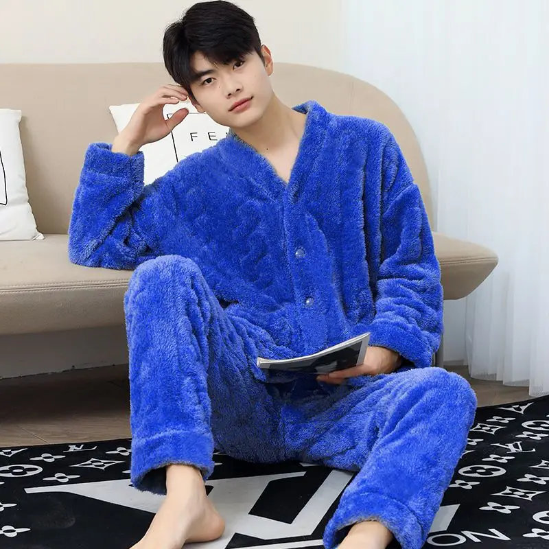 Thick Flannel Male Pajamas Sets Loose O-neck Sleepwear Warm Winter Home Clothes Men's Clothing Long Sleeve Pants Cardigan Pajama