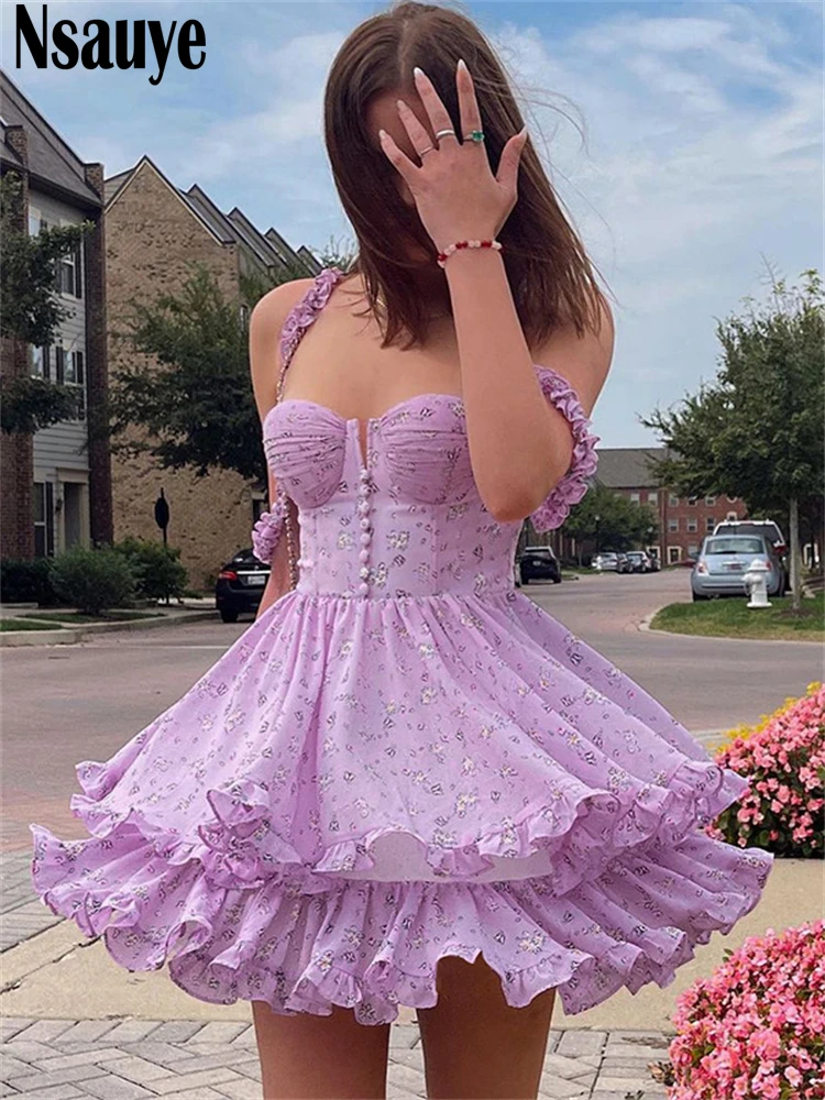 

Nsauye 2022 Women Kawaii Slim Party Off Shoulder Square Collar Sleeveless Mini Dresses Floral Print Summer Holiday Beach Dress