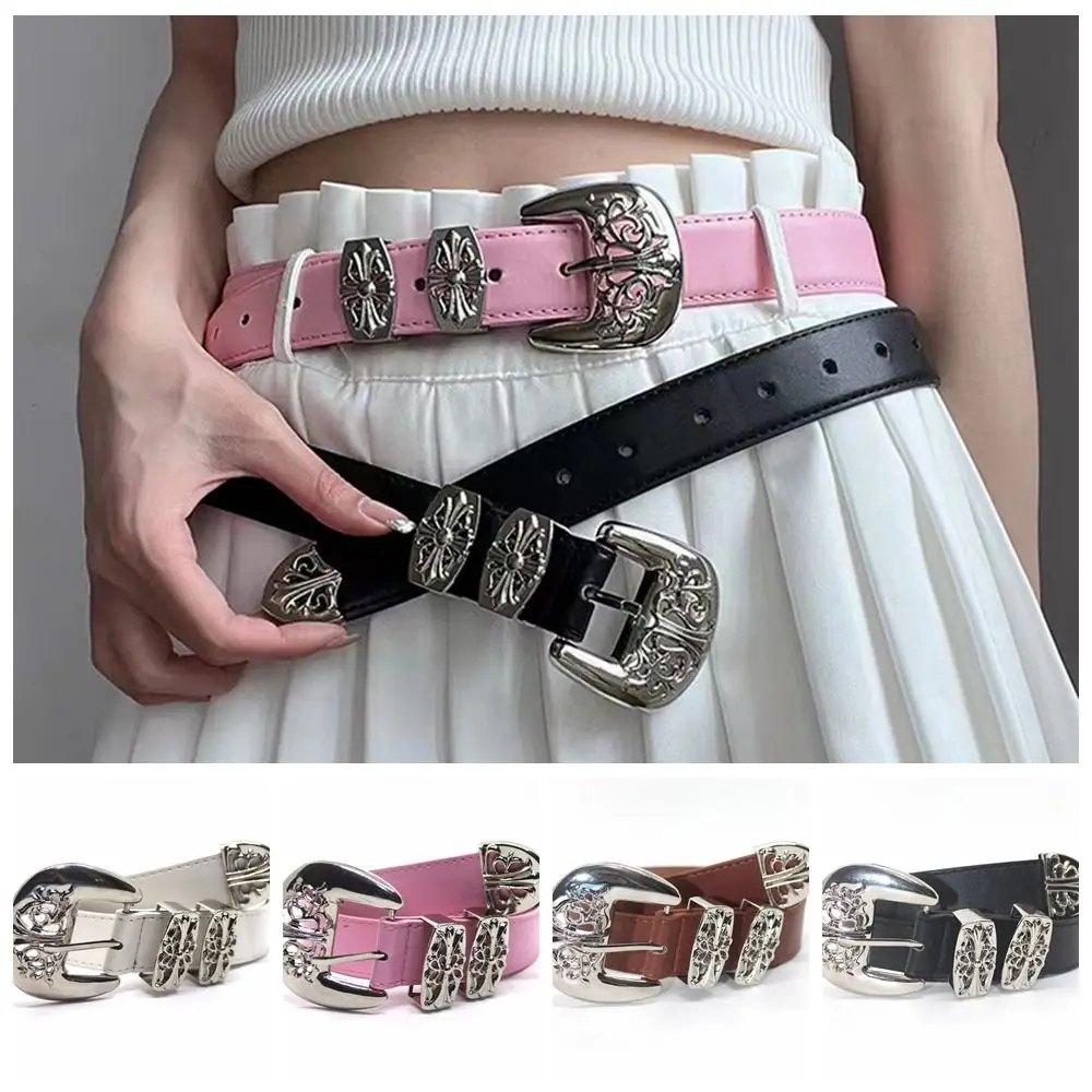 

Metal Hollow Carved Cross Buckle Belts Personality PU Leather Pin Buckle Waistband Black Men