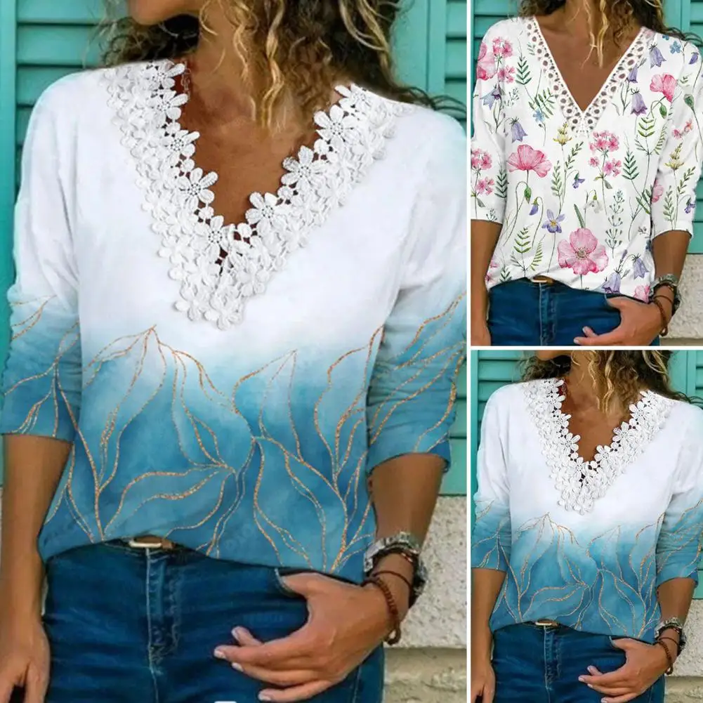

Shrink Resistant Chic Gradient Color Leaves Pattern Autumn Blouse Sweat Absorbing Tee Shirt Loose Female Clothing