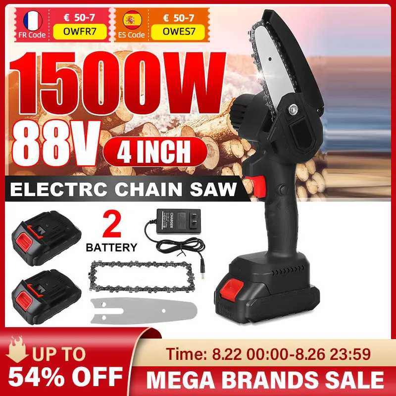 

1200W 88V 4 Inch Mini Electric Chain Saw With 2Pcs Battery Woodworking Pruning Chainsaws One-handed Garden Logging Power Tools