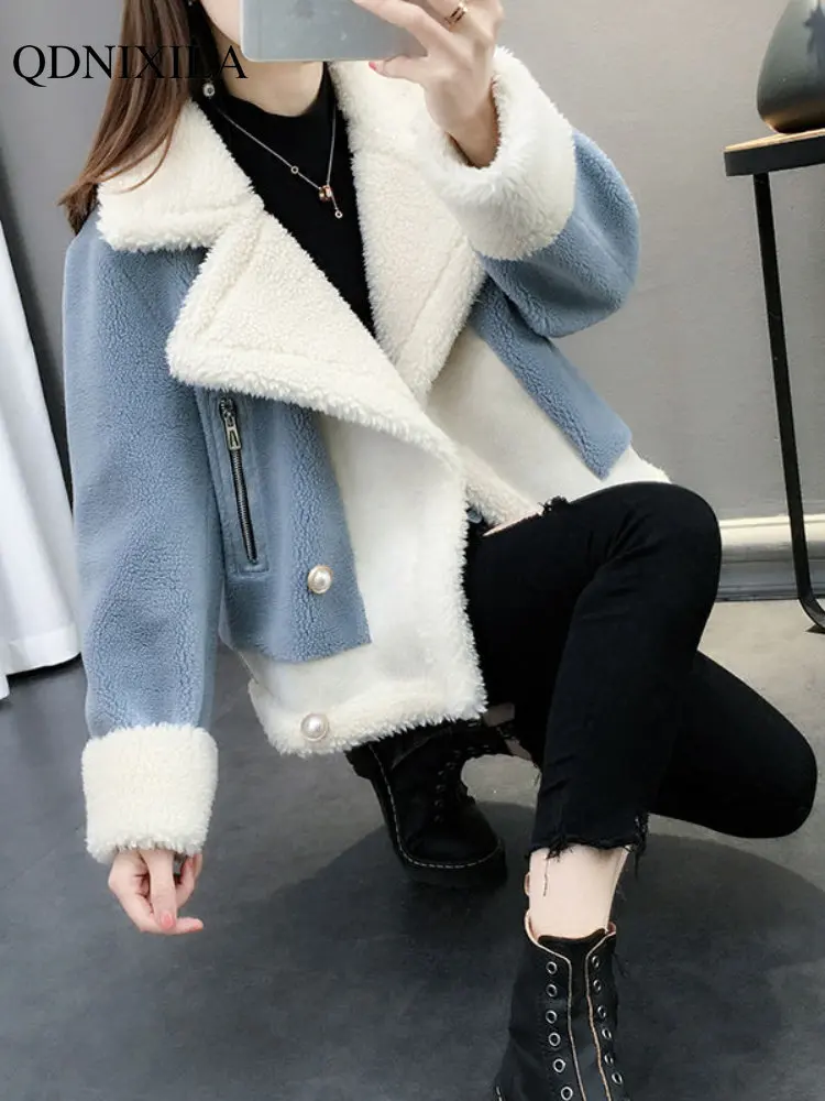 

Autumn Winter New in Outerwear Lamb Wool Coat Women Fashion Short Chic Loose Knit Integrated Thick Cardigan Varsity Jacket Women
