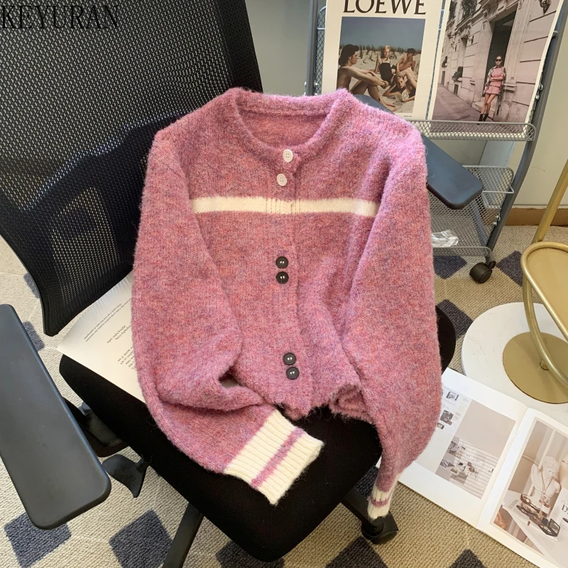 

Женский однобортный трикотажный кардиган, фиолетовый свитер-куртка с круглым вырезом и длинным рукавом, винтажная одежда для осени 2023