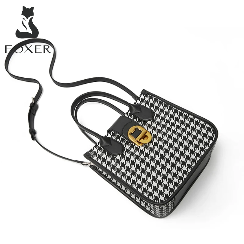 FOXER Female PU Leather Bucket Handbag Lady Houndstooth Commuter Shoulder Crossbody Bag For Women's Large-Capacity Messenger Bag