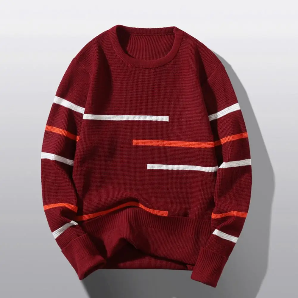 

Trendy Winter Sweater Striped Print Knitwear Men Sweater Casual Contrast Color Men Sweater