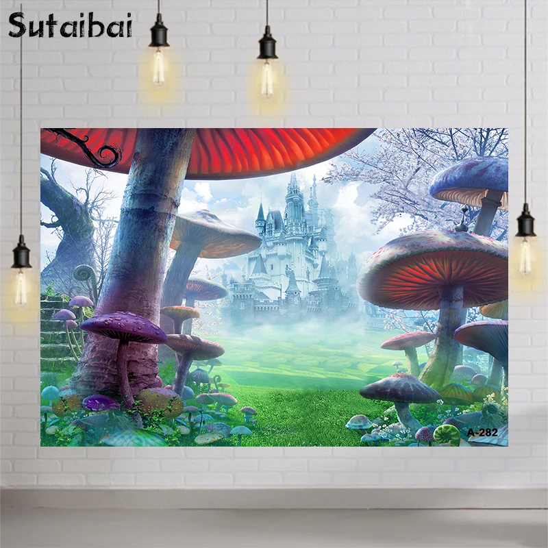 

Photography Background Girls In Wonderland Mushroom Castle Fairy Tale Forest Backdrops for Children Birthday Party Photo Studio