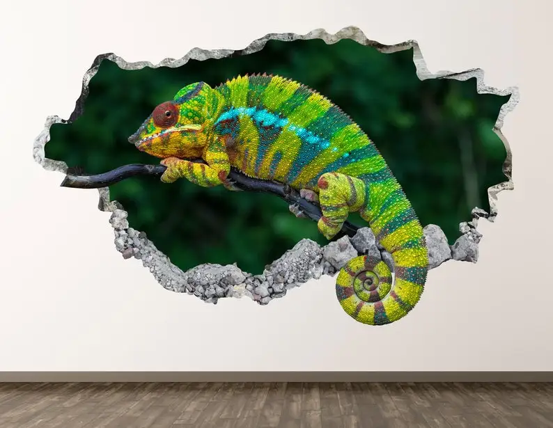 

Wild Chameleon Wall Decal - Forest 3D Smashed Wall Art Sticker Kids Decor Vinyl Home Poster Custom Gift KD933